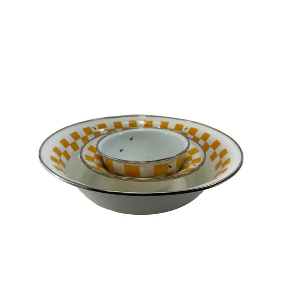 The Golden Rabbit II Joan Wilkes Gold Checkers & Ants‎ Enamelware Bowls Set of 3 - Picture 2 of 14